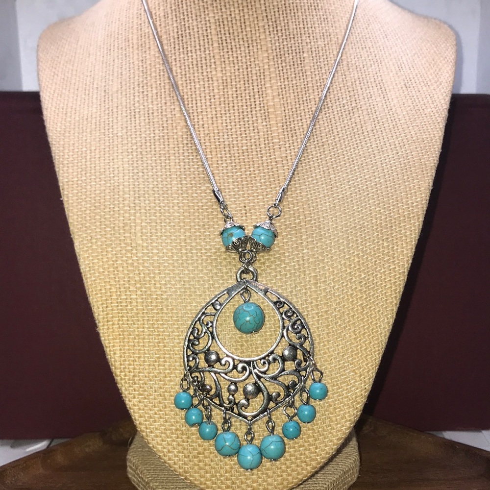 Boho style necklace w/ silver charm & blue beads